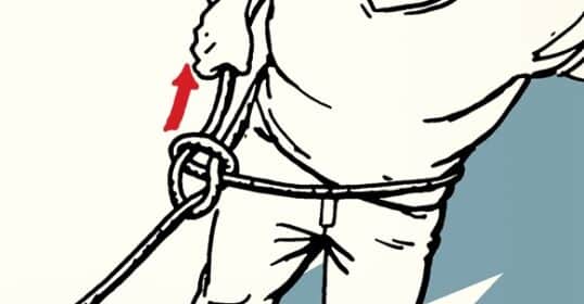 A drawing of a person wearing a harness with a rope tied around their waist, demonstrating how to tie a bowline knot. A red arrow points to the rope, highlighting the secure knot.