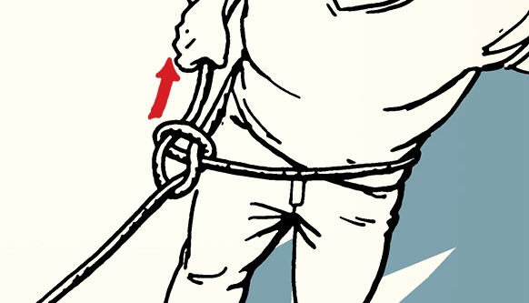 A drawing of a person wearing a harness with a rope tied around their waist, demonstrating how to tie a bowline knot. A red arrow points to the rope, highlighting the secure knot.