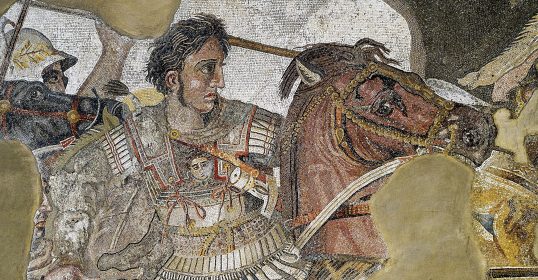 A painting of an ancient commander on a horse.