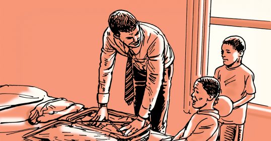 An illustration of a dad placing suitcases on a bed before his business trip.