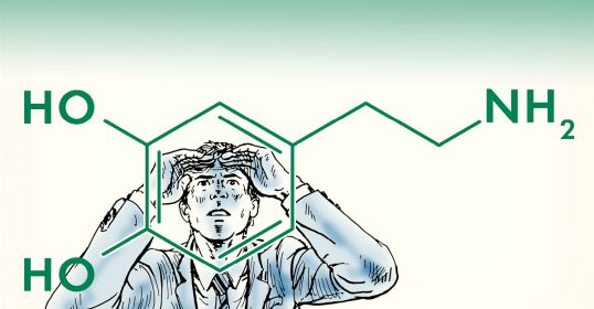 A businessman is holding his head up in front of a molecule of NH2, with Life explained.