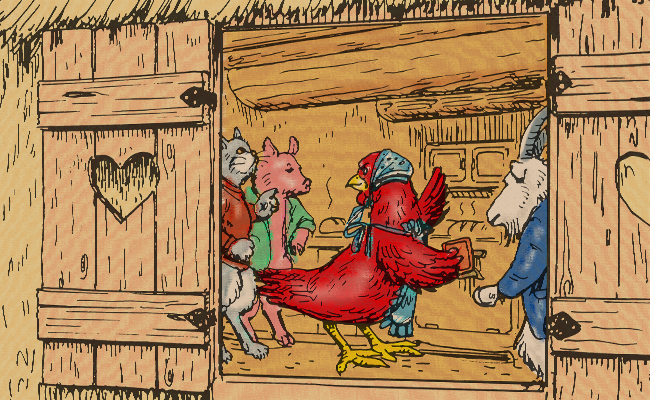 A drawing of a rooster in a doorway inspired by Little Red Hen Culture.