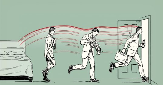 An illustration of a man running out of a door in the morning.