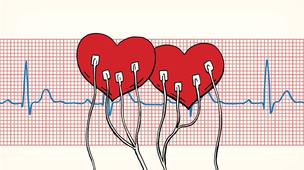Two hearts on an ecg background, symbolizing a relationship.