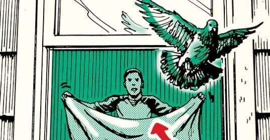 A person with a blanket stands beneath a flying bird near a window, attempting to aid in bird removal. A red arrow is drawn on the blanket to help get the bird out safely.