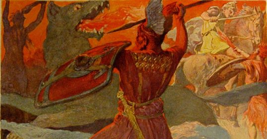 A painting of a man with a shield and sword inspired by Norse mythology.