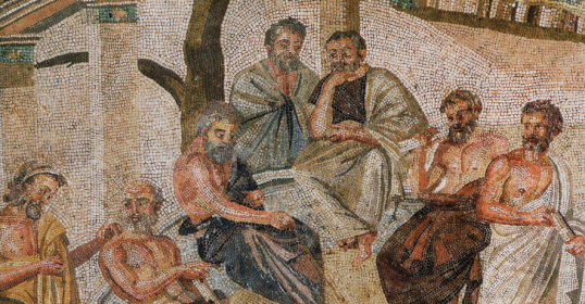 A mosaic depicting a group of men sitting on a bench, inspired by Plato's Republic.