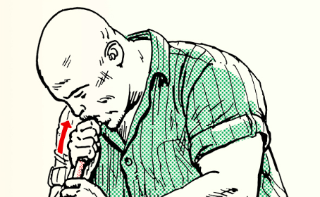 An illustration of a bald man holding a pipe, demonstrating how to siphon fuel.