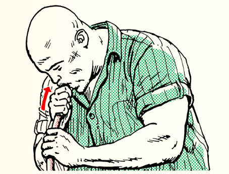 An illustration of a bald man holding a pipe, demonstrating how to siphon fuel.
