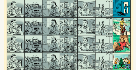 A comic strip depicting a man and woman at various life stages.