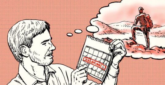 A man is checking a calendar with a mountain in the background.