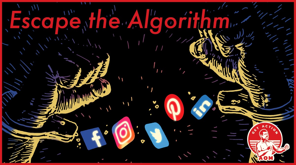 Poster showing different logos and saying "Escape the Algorithm" by AOM.