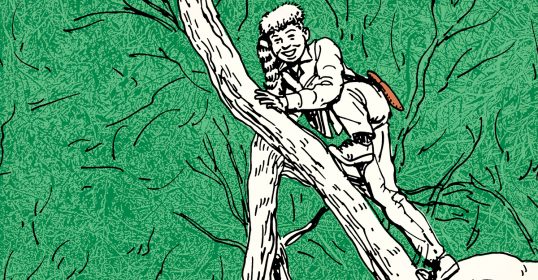 An illustration of a man climbing a tree in summer.