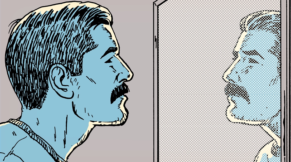 A cartoon of a man looking at himself in a mirror as his mustache grows.