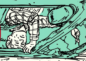 An illustration of a man in a car surviving a rollover.