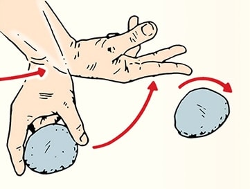 Illustration showing a hand manipulating a therapy ball with arrows indicating the direction of movement for exercising the fingers, demonstrating the skill of the week.
