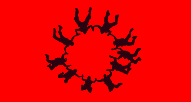 A black silhouette of people on a red background, representing a team.