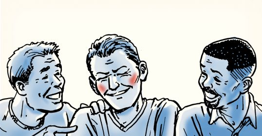 Three men engaging in conversation in this cartoon, reflecting the essence of society.