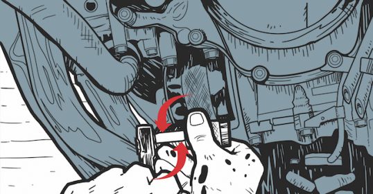 An illustration of a person performing an oil change on a motorcycle engine.