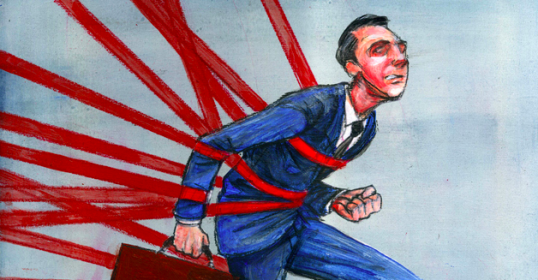 A painting of a man running with briefcase, trying to thrive in the hustle and bustle of bureaucracy.