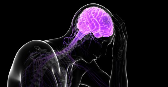 A man's head with a purple brain in the background, showcasing the impact of stress on the body.