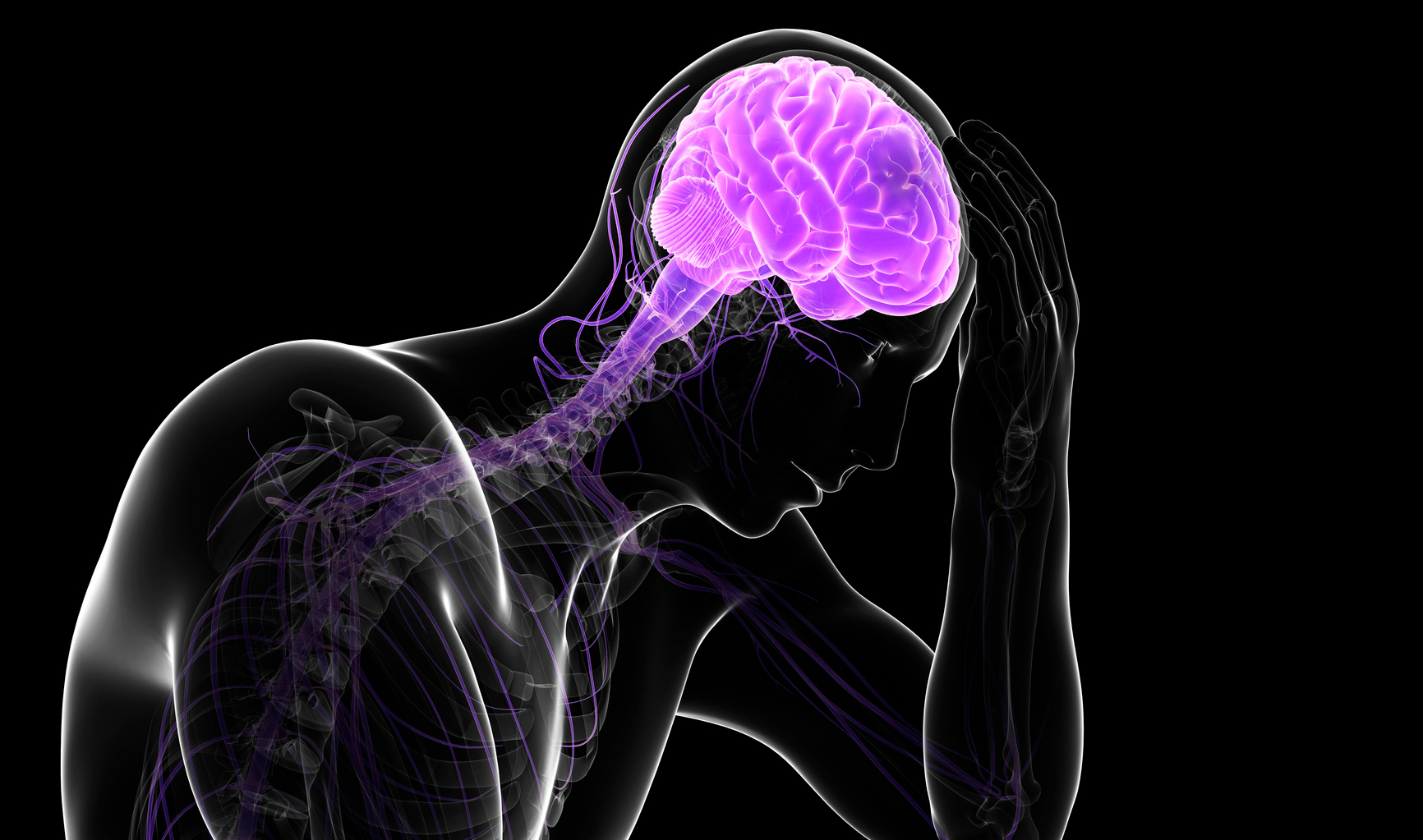 A man's head with a purple brain in the background, showcasing the impact of stress on the body.