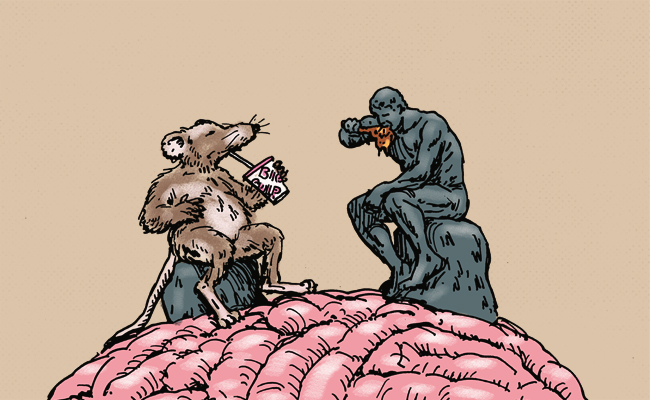 An illustration of a man and a rat sitting on top of a brain, inspired by the concept of "One You Feed.