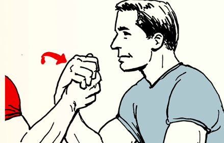 An illustration of a man and a woman arm wrestling in a match.