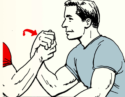 An illustration of a man and a woman arm wrestling in a match.