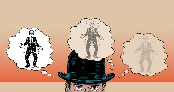 An illustration of a man in a top hat with thought bubbles during an awkward moment.