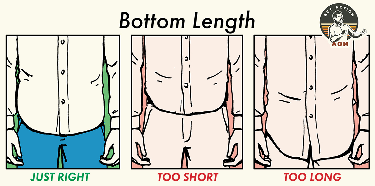 Bottom length men's dress shirt illustration.