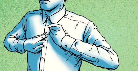 An illustration of a man adjusting his Men's Dress Shirt to ensure the proper fit.