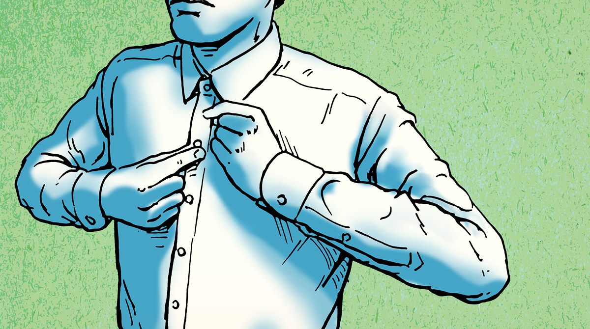 An illustration of a man adjusting his Men's Dress Shirt to ensure the proper fit.