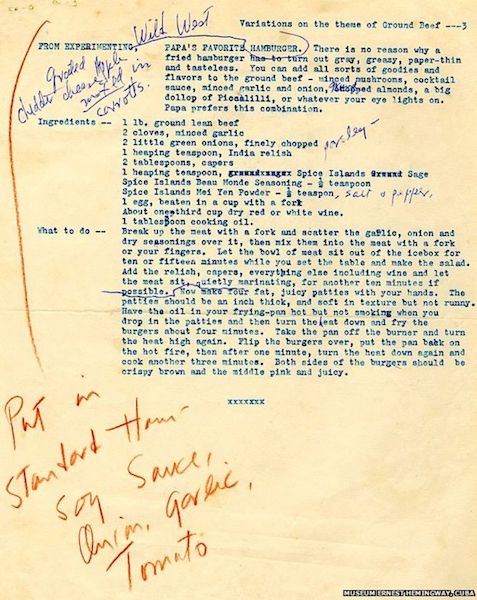 Ernest Hemingway hamburger recipe.