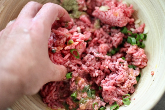 Mix of meat and ingredients in a bowl.