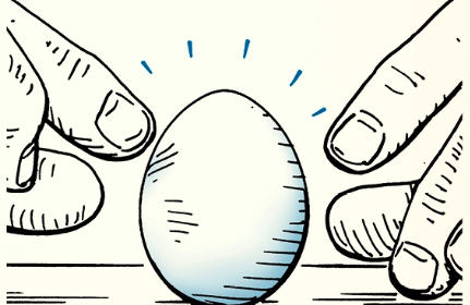 A drawing of two hands attempting to balance an egg.