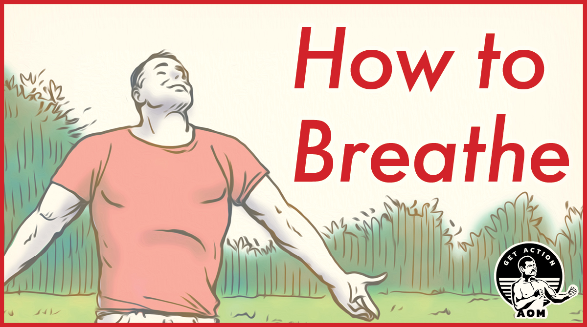 Man taking deep breath and showing how to breathe. 