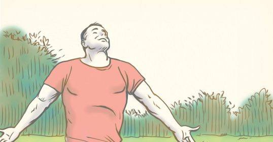 An illustration of a man in a field with his arms outstretched, promoting relaxation techniques.