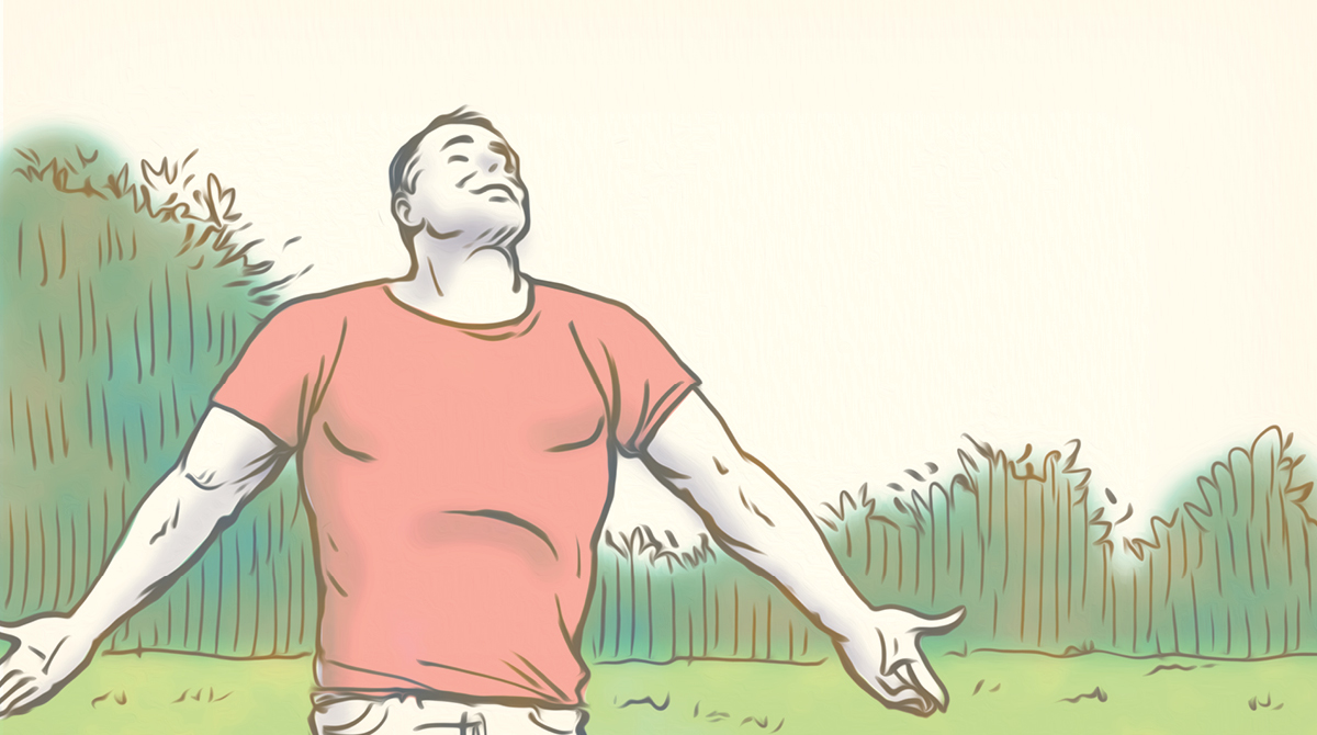 An illustration of a man in a field with his arms outstretched, promoting relaxation techniques.