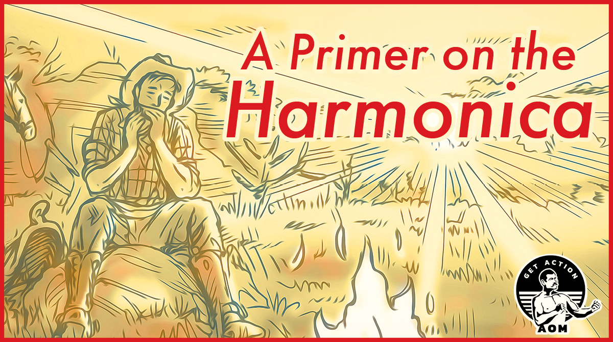 Cowboy playing harmonica around campfire illustration.