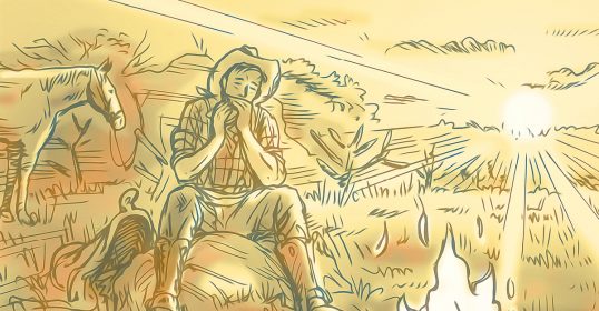 A drawing of a cowboy sitting by a fire, playing a harmonica.
