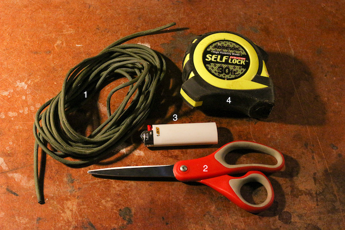 A paracord,measurement tape,scissor and a lighter.