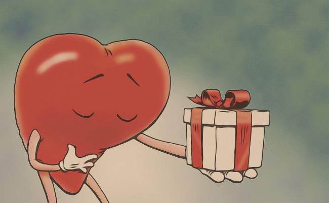 A cartoon heart holding a gift box for Sunday Firesides.