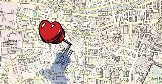 An artistic map with a red heart symbolizing love.