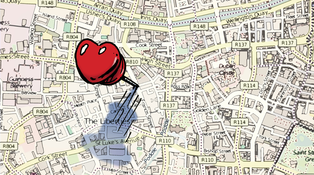 An artistic map with a red heart symbolizing love.