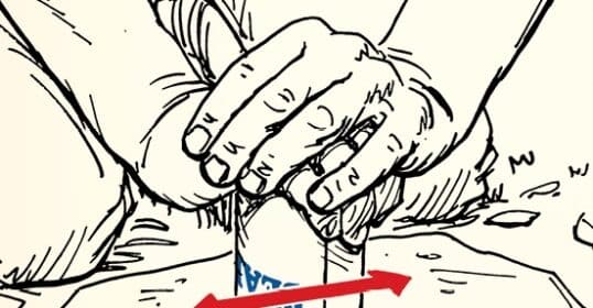 A drawing of two hands crushing an aluminum can on the ground with a red arrow indicating the direction of force, demonstrating how to open a can without a can opener.