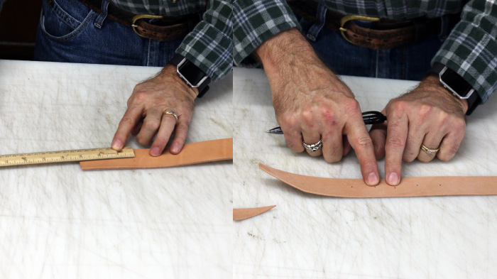 Mesure de la bande de cuir à l'aide d'une règle et d'un stylo.