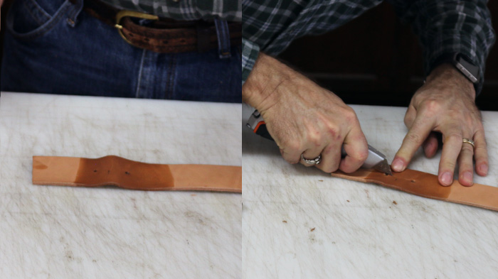 Cutting the soaked portion of leather with blade.