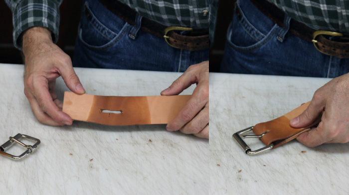 Hole made for buckle to be attached with the leather strip.