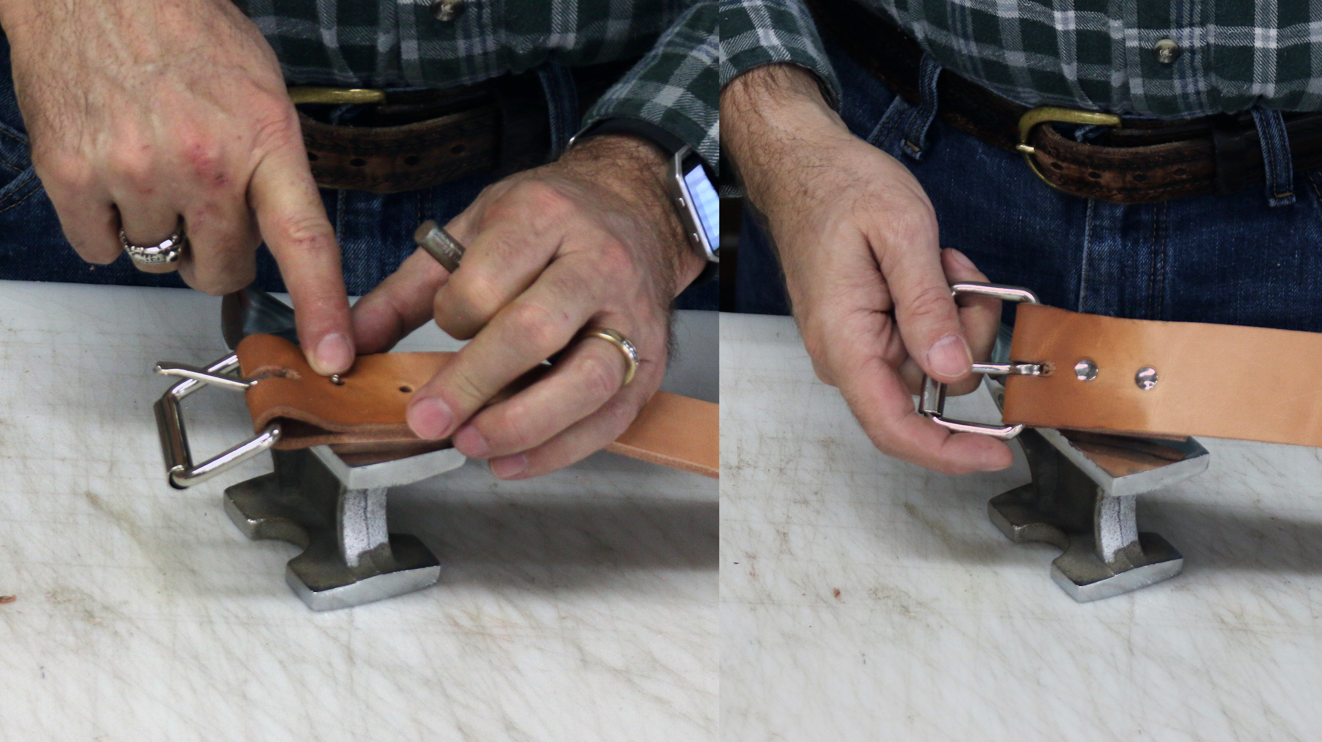 Securing the buckle in place by hand.